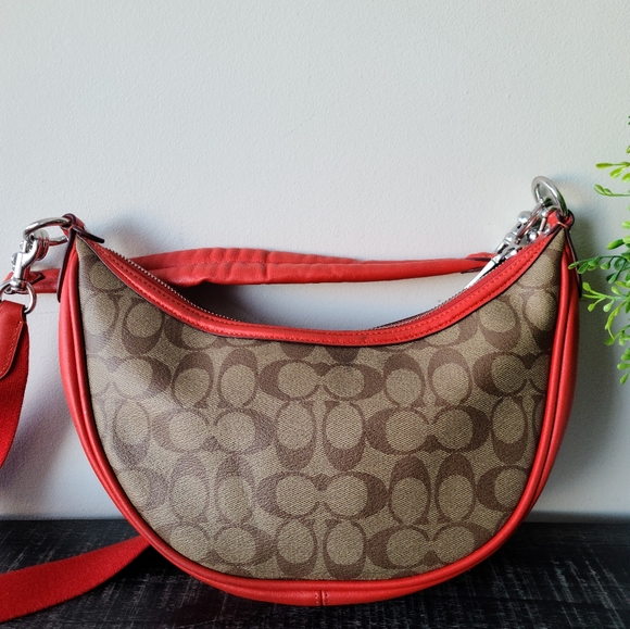 Coach Aria Signature Tan & Red Leather Shoulder Crossbody Bag #CR283 - Picture 6 of 11